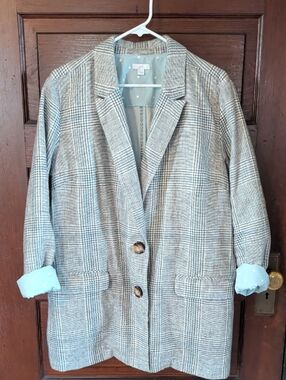 Plaid Oversized Linen 2 Button Blazer Coat - Gray With Blue Polka Dot Lining